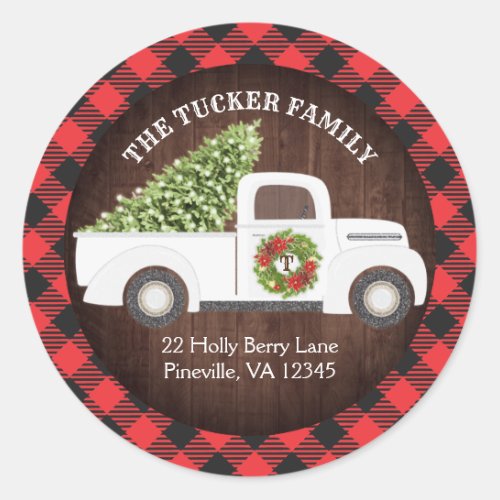 White Christmas Truck Tree Wreath Plaid Address Classic Round Sticker