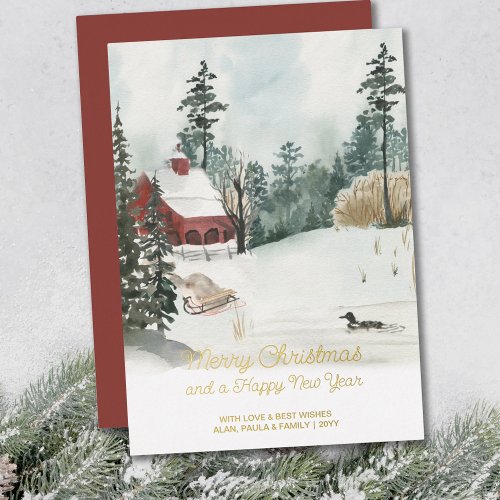 White Christmas Watercolor Winter Landscape Gold Foil Holiday Card
