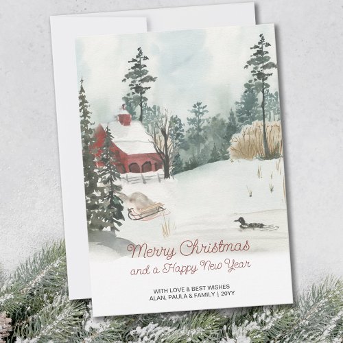 White Christmas Watercolor Winter Landscape Holiday Card