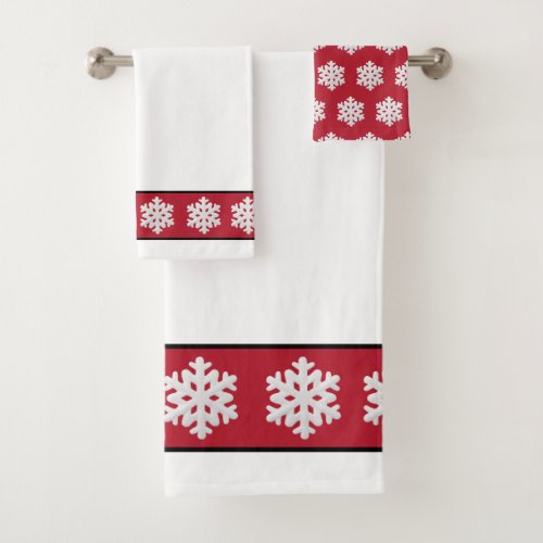 White Christmas Winter Snowflakes on Red Bath Towel Set
