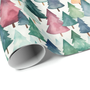 White Christmas Wrapping Paper With Colorful Trees