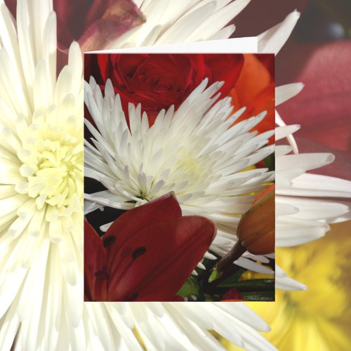 White Chrysanthemum among Red and Orange Flowers Note Card