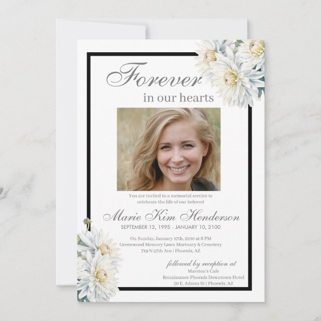 White Chrysanthemum Boho Funeral Memorial Service Invitation (Front)