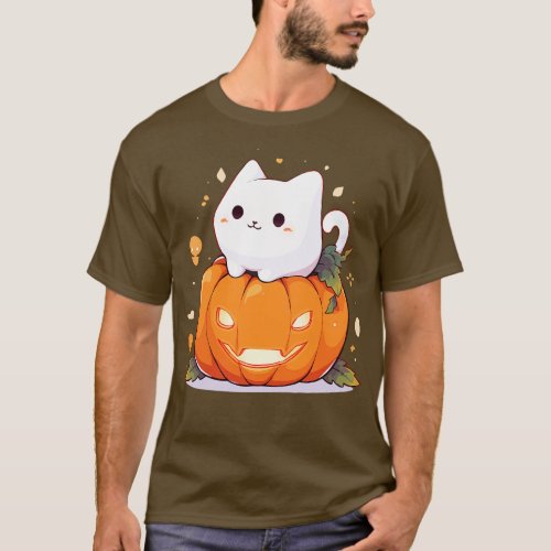 White chubby cat sitting on a pumpkin T_Shirt