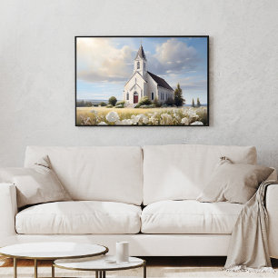 White Church in a Floral Field Religious Poster