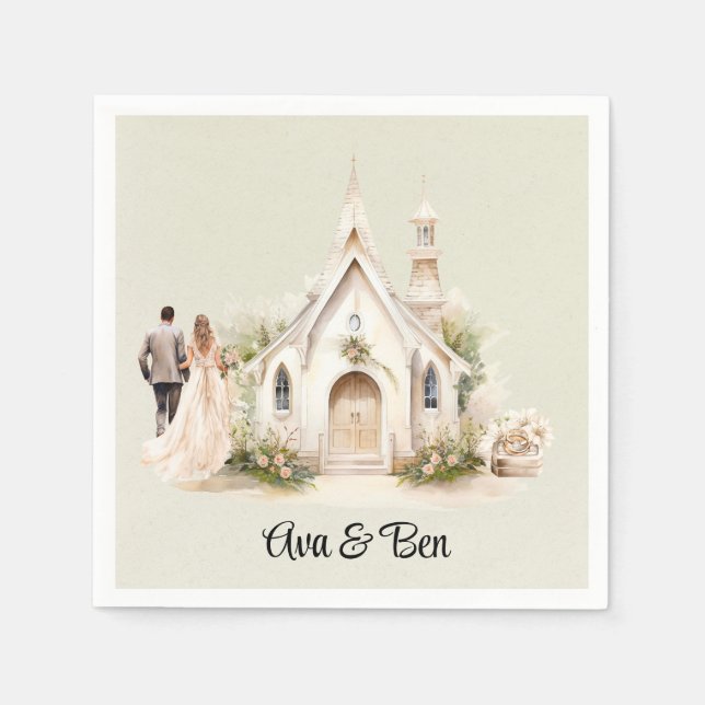 White Church Watercolor Wedding Napkins (Front)