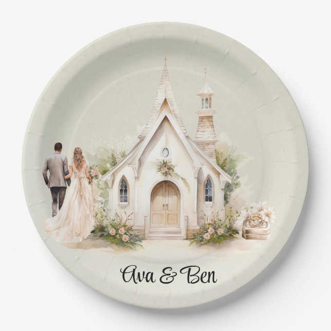 White Church Watercolor Wedding Paper Plates (Front)