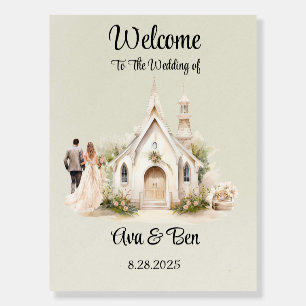 White Church Watercolor Wedding Welcome Sign