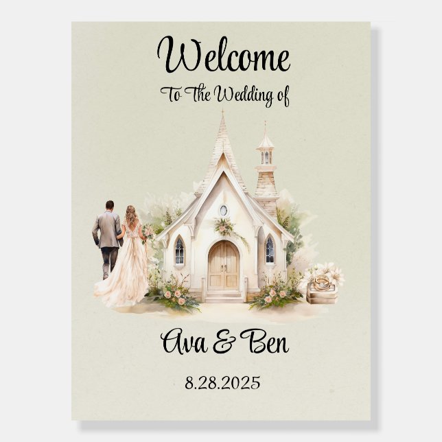 White Church Watercolor Wedding Welcome Sign (Front)