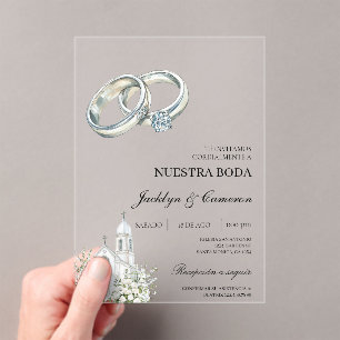 White church with ring Spanish Wedding Acrylic Invitations