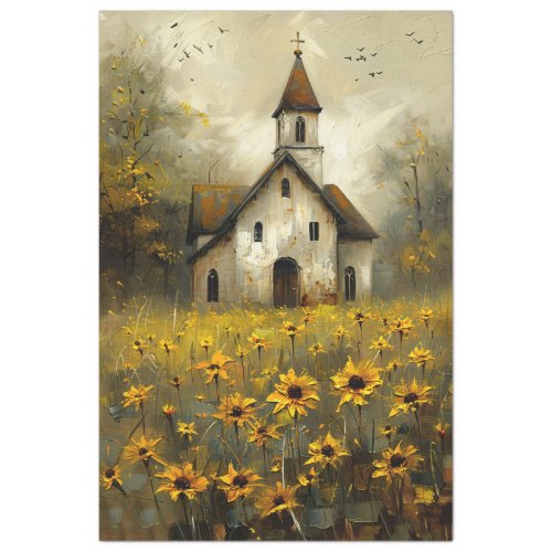 White Church Yellow Wildflowers Rustic Decoupage Tissue Paper