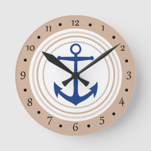 White Circle and Blue Nautical Anchor Custom Clock