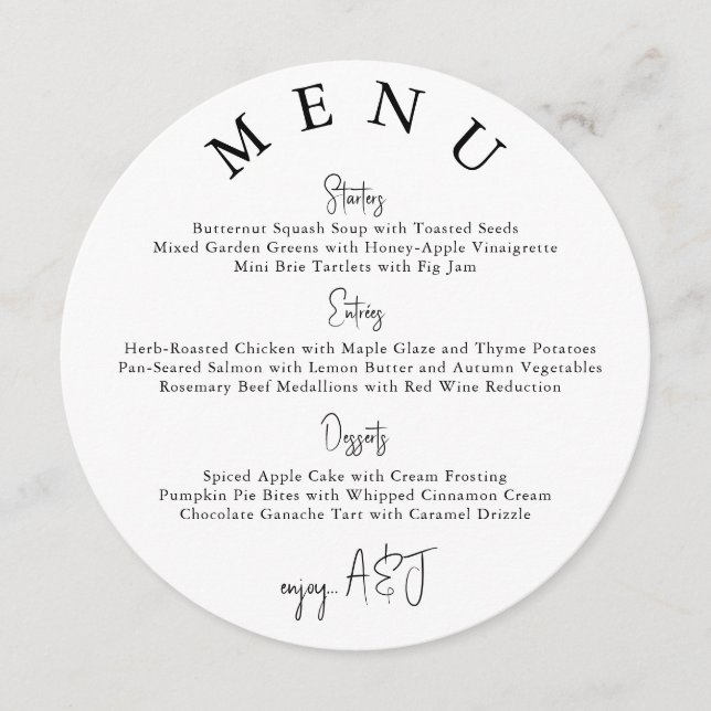 White Circle Modern Simple Wedding Menu (Front)