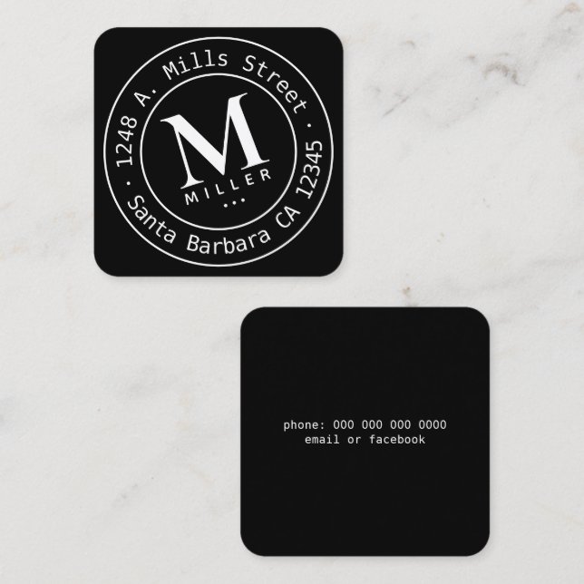 White Circle Monogram Black Square Business Card (Front/Back)