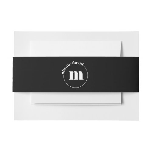 White circle with names and monogram black wedding invitation belly band