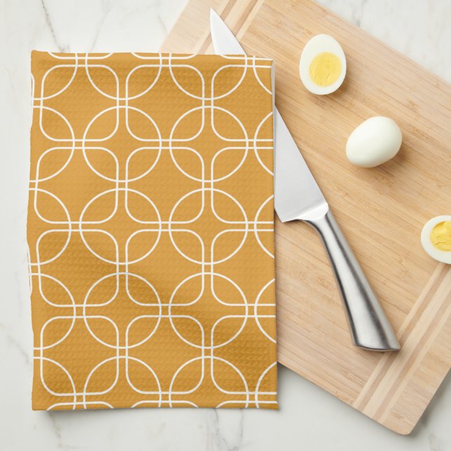 White Circles And Squares On Orange Mid-Century Kitchen Towel (Quarter Fold)