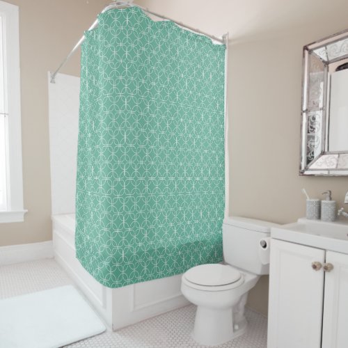 White Circles And Squares On Turquoise Mid_Century Shower Curtain