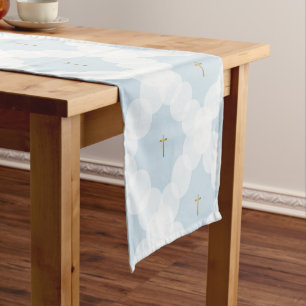 White Circles gold cross Christian Baptism Short Table Runner