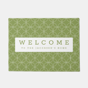 White Circles Squares Green Personalized Welcome Doormat