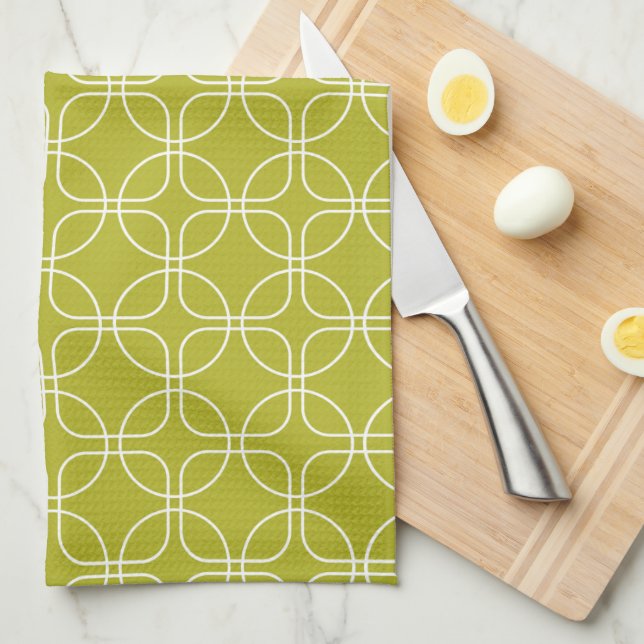 White Circles Squares On Avocado Green Mid-Century Kitchen Towel (Quarter Fold)