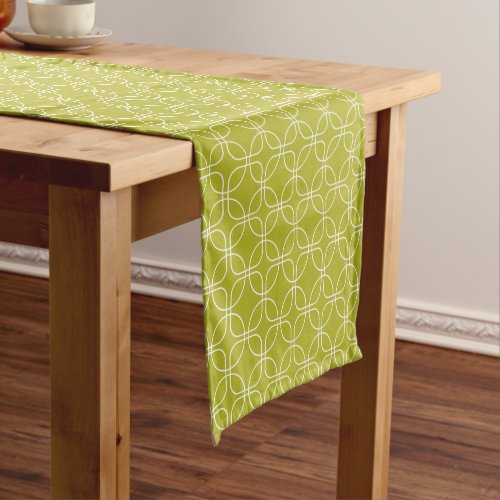 White Circles Squares On Avocado Green Mid Century Short Table Runner