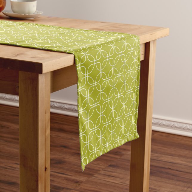 White Circles Squares On Avocado Green Mid Century Short Table Runner (In Situ)
