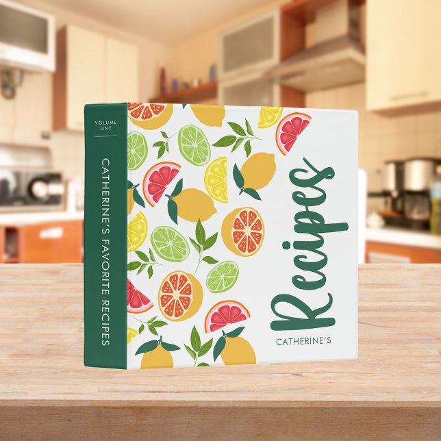 White Citrus Lemon Orange Pattern Add Name Recipes 3 Ring Binder (Creator Uploaded)
