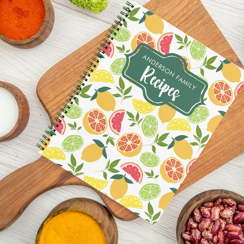 White Citrus Lemon Orange Pattern Family Recipes Notebook