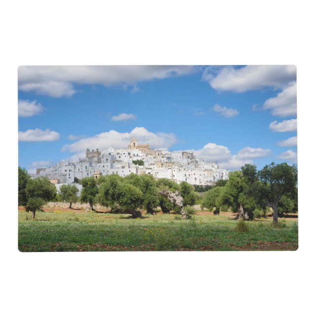 White city Ostuni and olive trees, Puglia placemat (Back)