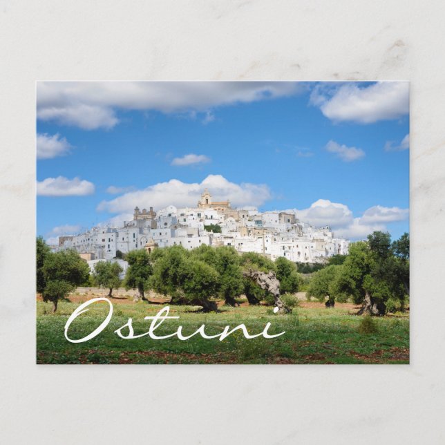 White city Ostuni and olive trees text postcard (Front)