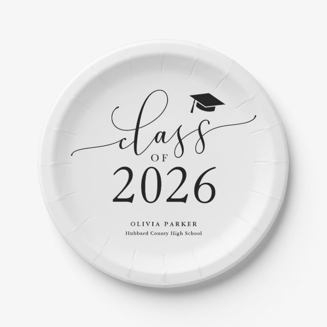 White Class of 2026 Graduation Party Paper Plates (Front)