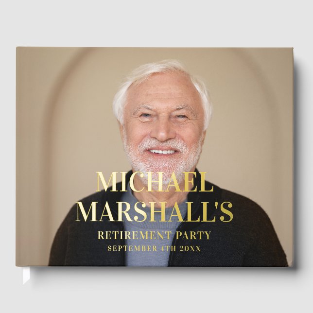 WHITE CLASSIC CHIC MONOGRAM RETIREMENT PHOTO FOIL GUEST BOOK  (Front)