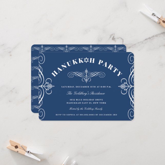 White Classic Scrolls Blue Hanukkah Holiday Party Invitation (Front/Back In Situ)
