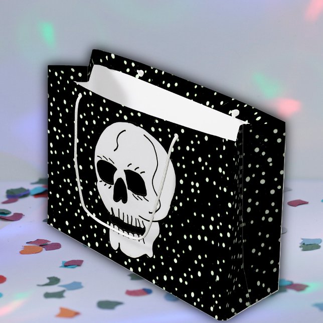 White Classic Skull Halloween Goth Large Gift Bag (White skull on black gift bag with white polka dots.)