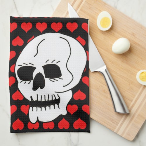 White Classic Skull Red Hearts Kitchen Towel