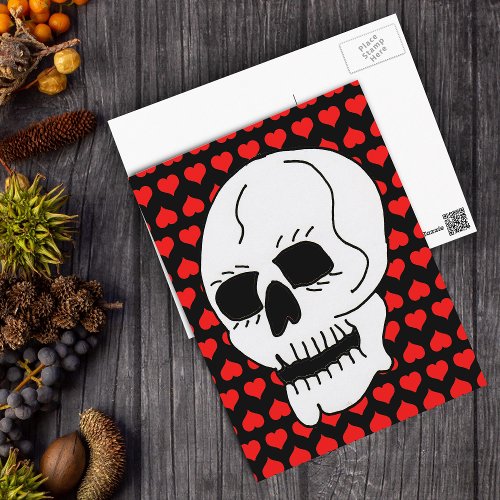 White Classic Skull Red Hearts Postcard