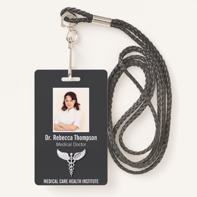 White Clean Detailed Caduceus Medical Photo ID Badge (Front with Lanyard)
