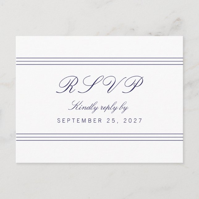 White Clean Navy Blue Lines Response RSVP Postcard (Front)
