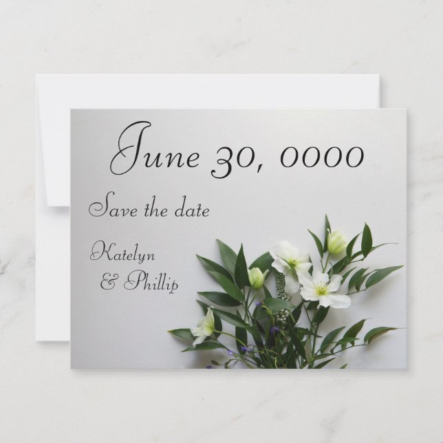 White clematis arrangement save the date (Front)