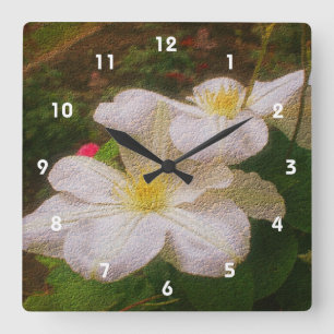 White Clematis Flower Art Square Wall Clock