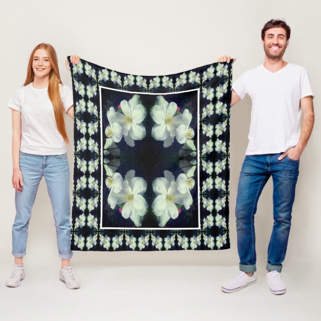 White Clematis Flower Pair Abstract Floral Pattern Fleece Blanket (In Situ)