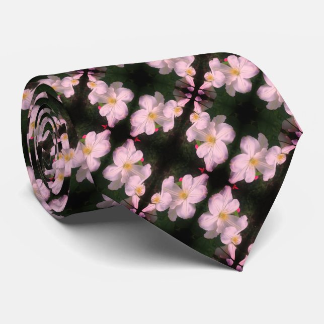White Clematis Flower Pair Abstract Floral Pattern Neck Tie (Rolled)