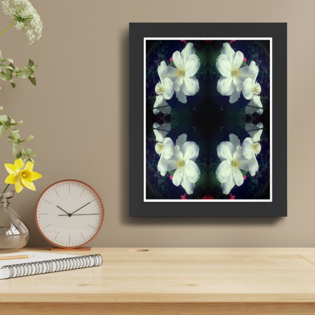 White Clematis Flower Pair Abstract Framed Art (Table Top)