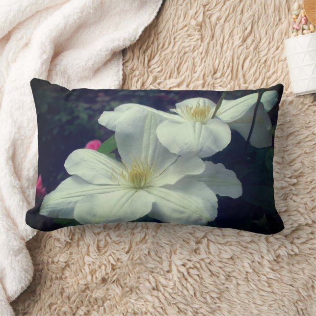 White Clematis Flower Pair   Lumbar Pillow (Blanket)