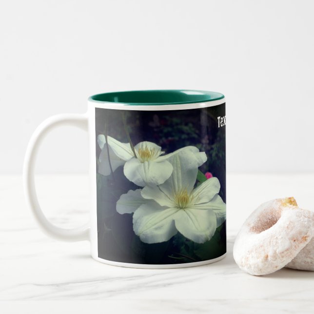 White Clematis Flower Pair Personalized Two-Tone Coffee Mug (With Donut)