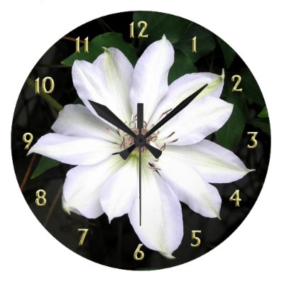 White Clematis Flower with Gold Numbers Large Clock