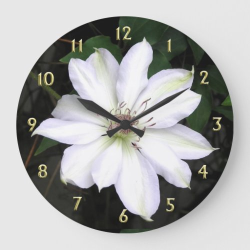 White Clematis Flower with Gold Numbers Large Clock