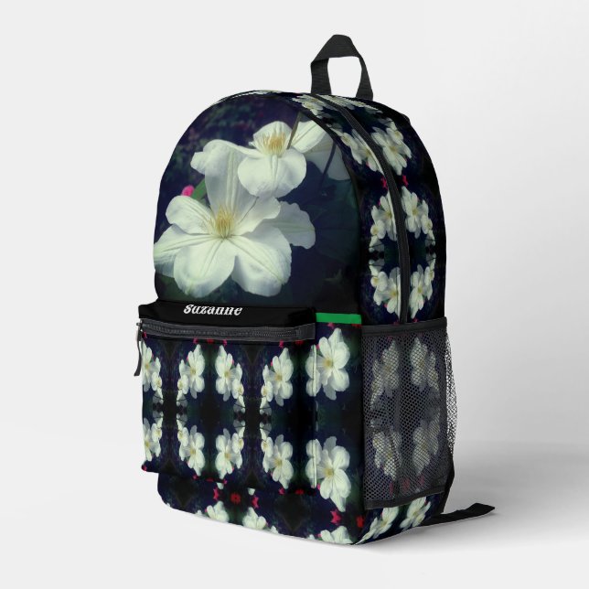 White Clematis Flowers Personalized Printed Backpack (Back Corner Right)