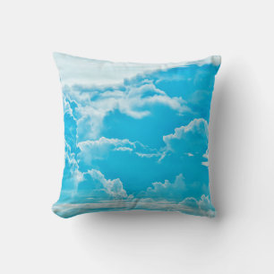 white clouds and bright blue sky background, pano throw pillow