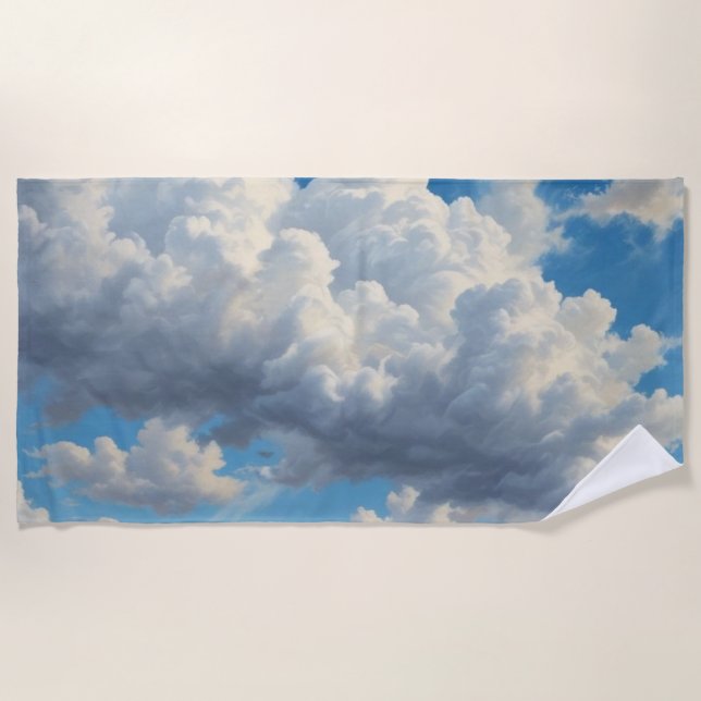 White Clouds and Clear Blue Sky Beach Towel (Front)